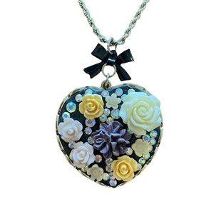 Betsey Johnson Rhinestone Heart Rose Pendant Necklace